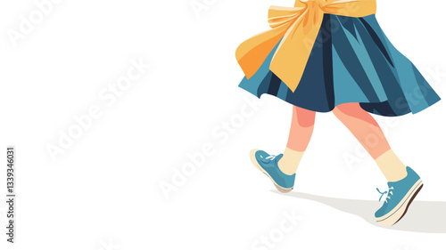 Close-up illustration of a girl's lower body, showcasing her legs and feet. She is wearing a teal pleated skirt tied with a yellow sash and blue sneakers. The style is minimalist with flat color