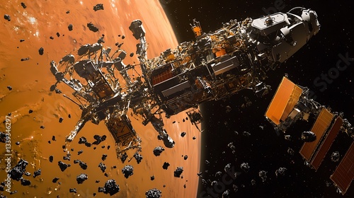 Fototapeta Naklejka Na Ścianę i Meble -  Futuristic space station orbits glowing red dwarf with solar panels, in deep galaxy space.