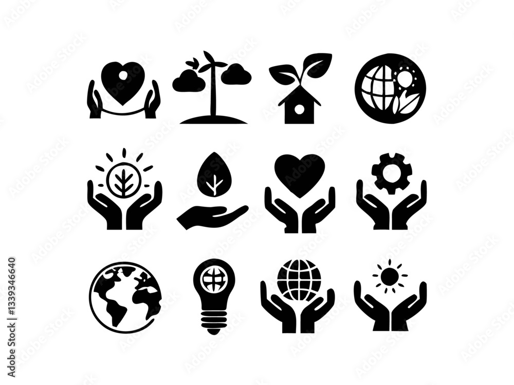This set features a collection of black silhouette icons vector illustration representing various environmental themes. Set of Black and White Environmental Icons. This set features a collection of black silhouette icons vector illustration representing various environmental themes. Set of Black and White Environmental Icons.
