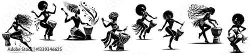 african women dancing and playing drums black and white silhouette illustration
