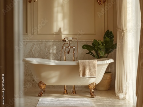An elegant bathroom with a claw foot bathtub is shown