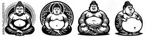 happy buddha illustration set in black and white vector