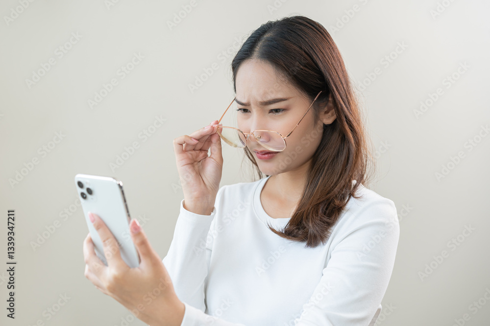 Presbyopia, Hyperopia middle aged asian woman holding eyeglasses problem with vision blurred ,trying to read text message from smart mobile phone screen, eye disease of old, eyesight farsightedness. Presbyopia, Hyperopia middle aged asian woman holding eyeglasses problem with vision blurred ,trying to read text message from smart mobile phone screen, eye disease of old, eyesight farsightedness.