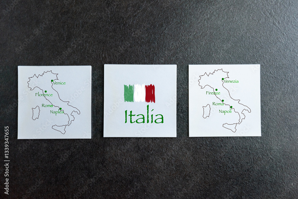 Notepad with the design of the boot of Italy and the names of 4 of the most well-known tourist cities: Rome, Naples, Florence, Venice Notepad with the design of the boot of Italy and the names of 4 of the most well-known tourist cities: Rome, Naples, Florence, Venice