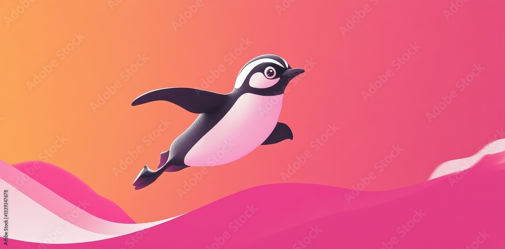 Fototapeta premium A stylized cartoon penguin soaring through a gradient colorful sky