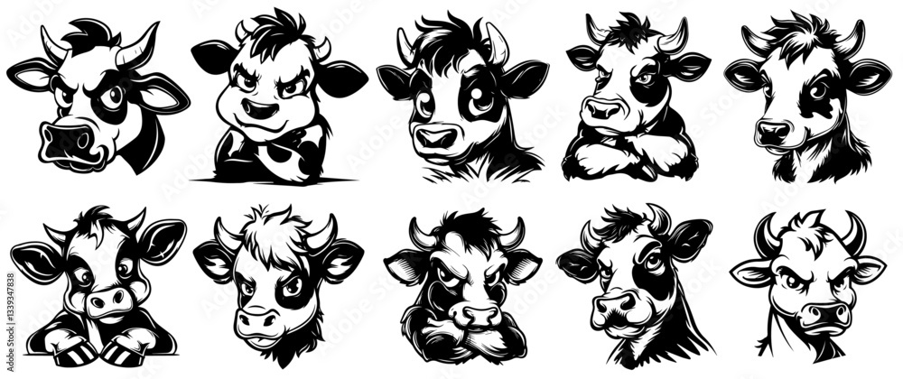 Obraz premium funny cartoon cow faces with various emotions
