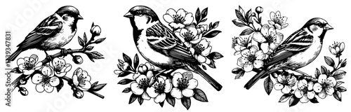 sparrows sitting on blooming branches illustration