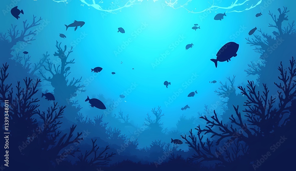 deep blue sea background with silhouettes of fish and seaweed. Generate AI deep blue sea background with silhouettes of fish and seaweed. Generate AI