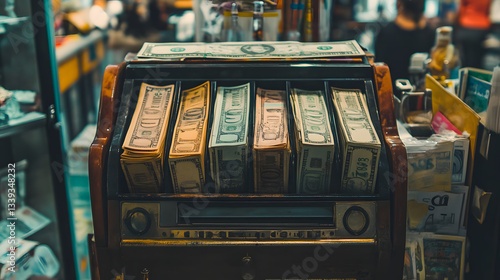 Vintage cash register filled with banknotes in a bustling market, capturing a lively shopping atmosphere