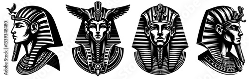 ancient egyptian pharaoh heads in black and white with detailed traditional headdresses and royal ornaments