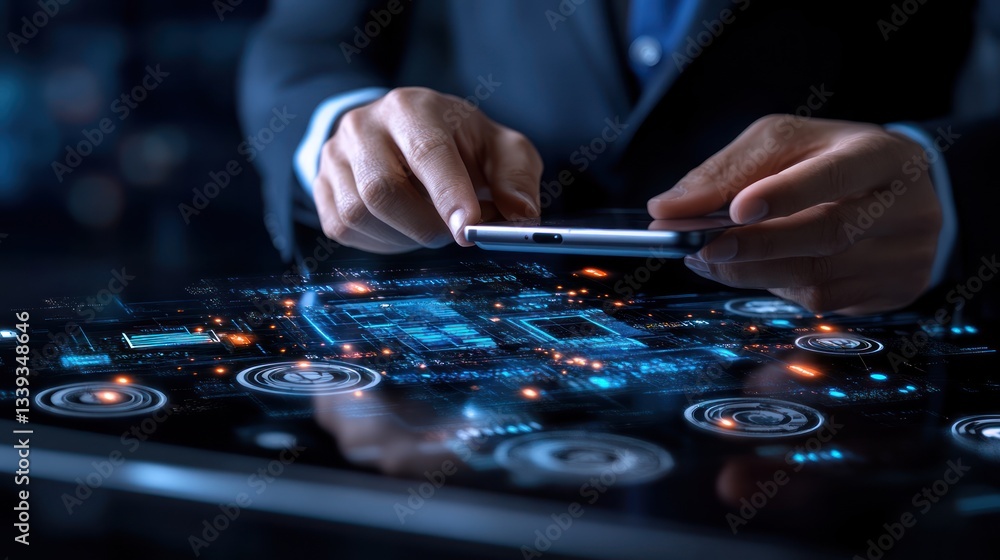 Futuristic Digital Interface: Businessperson using a tablet connected to a holographic interface. Futuristic Digital Interface: Businessperson using a tablet connected to a holographic interface.