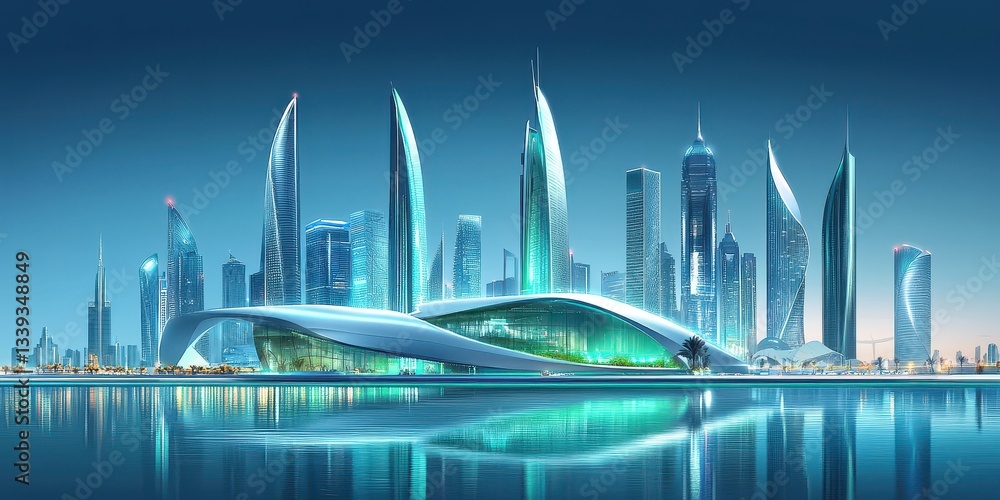 Naklejka premium Futuristic cityscape with modern architecture and reflective water surfaces