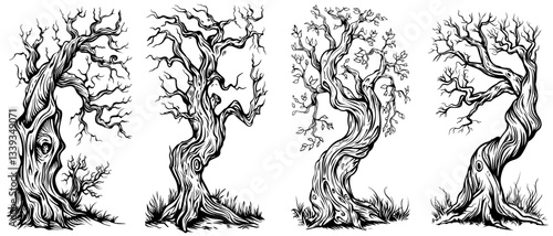 old twisted leafless trees in expressive black and white hand drawn style for nature or fantasy design