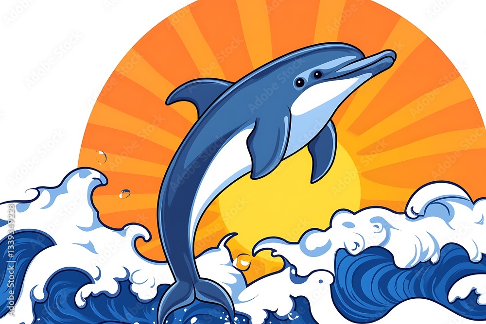 Obraz premium Dolphin leaping ocean sunset waves; kids book illustration