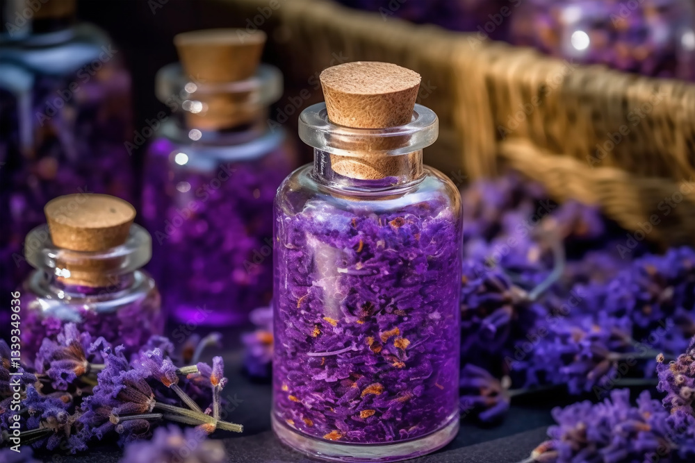 Lavender-filled jars with cork stoppers arranged in a warm setting, surrounded by fresh lavender flowers. Ideal for aromatherapy and relaxation purposes, capturing essence and tranquility. Lavender-filled jars with cork stoppers arranged in a warm setting, surrounded by fresh lavender flowers. Ideal for aromatherapy and relaxation purposes, capturing essence and tranquility.