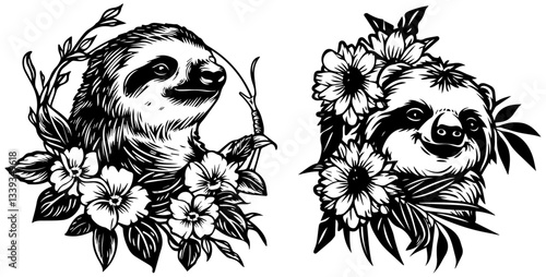 sloths with tropical flowers vector silhouette shape black outline