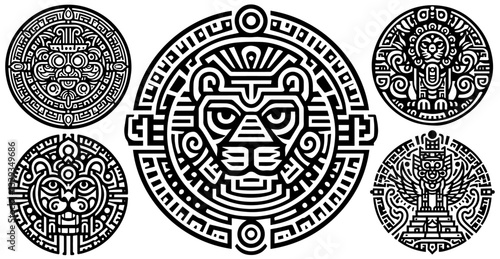 aztec and mayan tribal symbols with animal faces and geometric patterns in black and white