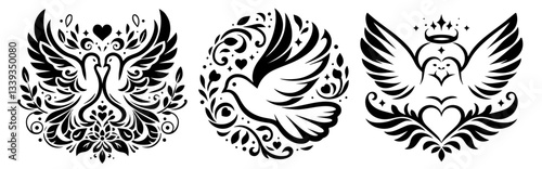 love doves decorative black and white illustration