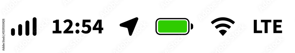 Status bar icon. Network, time, GPS, battery, signal, wifi. Vector