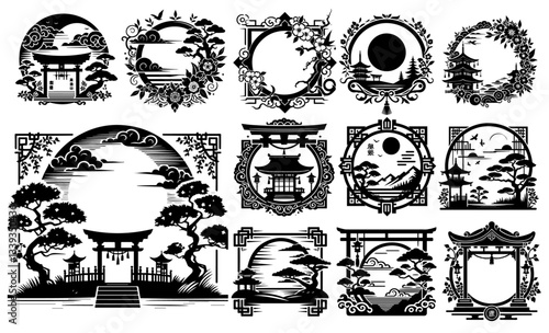 japanese torii gate and landscape frames vector black shape illustration engraving and laser cutting