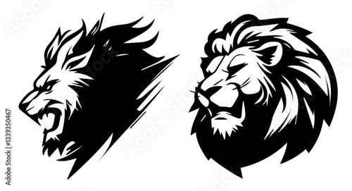 lion heads roaring and calm vector black shape illustration engraving and laser cutting
