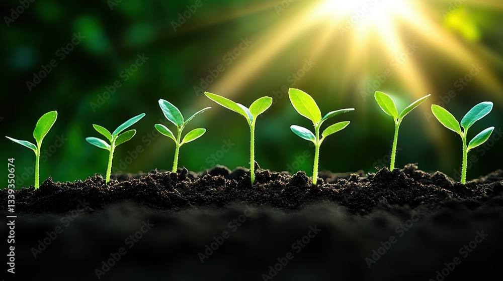 Fototapeta premium Sunrise Saplings: A Row of Young Plants Growing in Rich Soil, Bathed in the Warm Glow of the Rising Sun, Symbolizing New Life, Growth, and the Promise of Spring.
