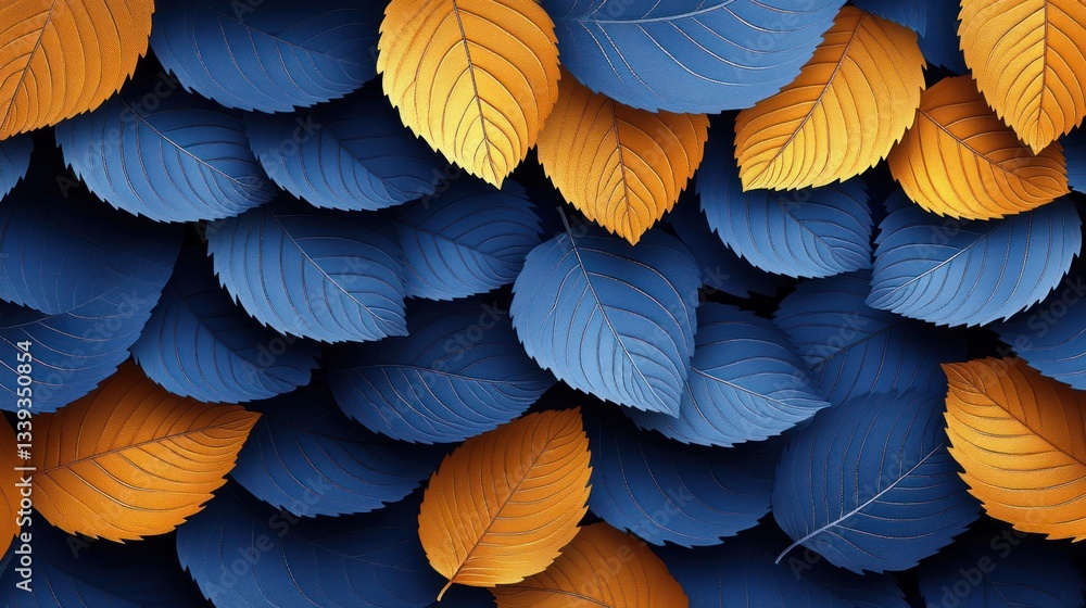 Fototapeta premium Blue & gold leaves background, autumnal foliage texture