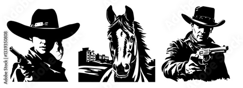 cowboys and horse portrait black vector vintage illustration in monochrome shape