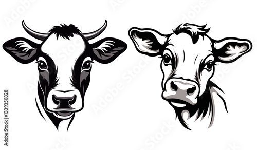 cow heads front view black vector vintage illustration in monochrome shape