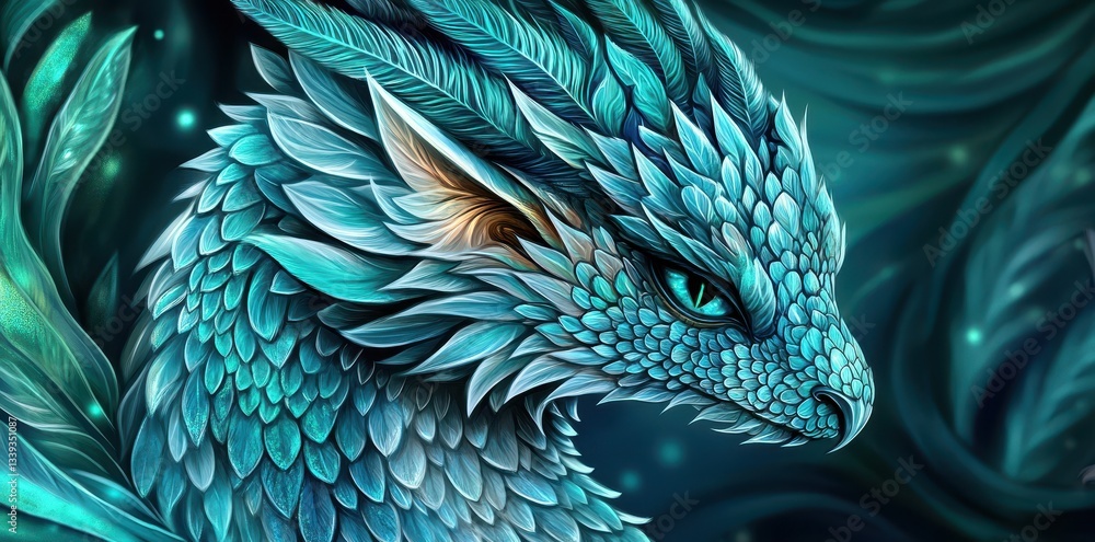 Fototapeta premium An artistic depiction of a beautiful teal dragon with feathers