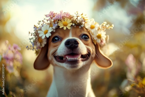 Sunny daylight. Sunny days happiness. Cute baby dog beagle wearing untamed flower circlet on its head. Holiday excitement for pets. Nature-filled joy for pets. Dreamy summer scene with a dog. photo