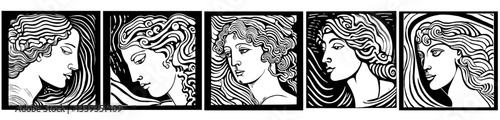 female portrait illustrations in classic art nouveau style