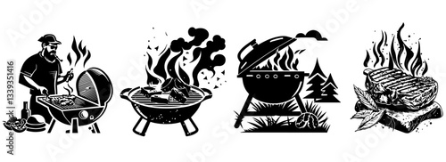 barbecue grill illustrations with meat and flames in vintage style