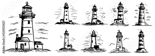 lighthouse illustrations in sketch style