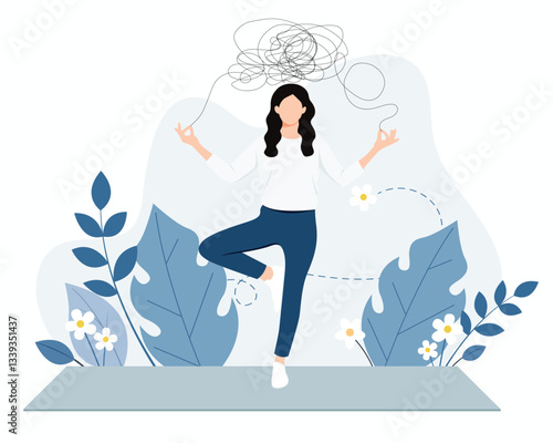 concentrated girl practicing yoga meditation, flat vector illustration