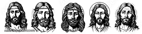 Jesus Christ portraits set vector silhouette shape black outline