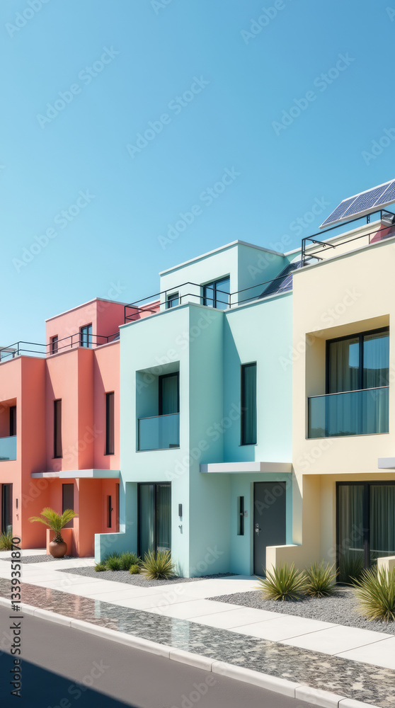 A Vibrant Row of Terraced Houses Captured Under a Clear Blue Sky, Each Painted in Distinct Pastel Colors with Solar Panels A Vibrant Row of Terraced Houses Captured Under a Clear Blue Sky, Each Painted in Distinct Pastel Colors with Solar Panels