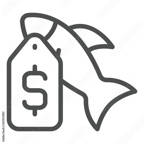 Fish with price tag line icon, fishery product concept. Vector graphics. Label badge on fish sign on white background, outline style icon for mobile or web design.