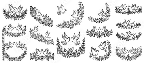 doves with olive wreaths in vintage decorative style