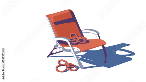 A digital illustration depicting an orange folding chair with a pair of sandals resting on the armrest. The chair is rendered in a simplified, almost flat style with a visible aluminum frame. The