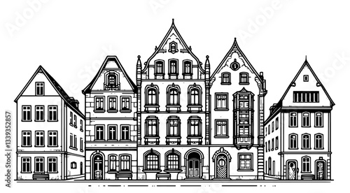 row of five ornate european buildings with intricate architectural details