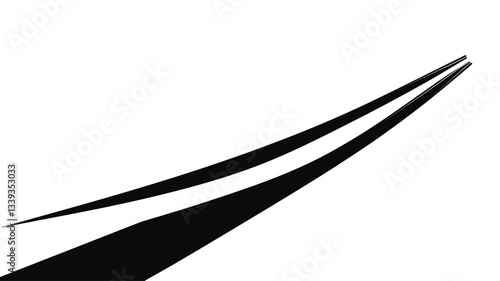 The image features two dynamic black curves on a pure white background. The curves are smooth and gradually increase in thickness, creating a sense of motion and flow from the bottom left to the