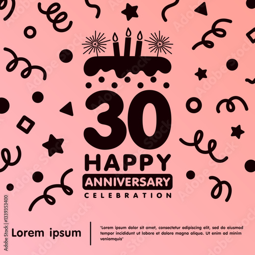 30th years anniversary celebration emblem. Happy anniversary logo isolated birthday cake and candle with confetti line doodle on pink background. vector illustration template design