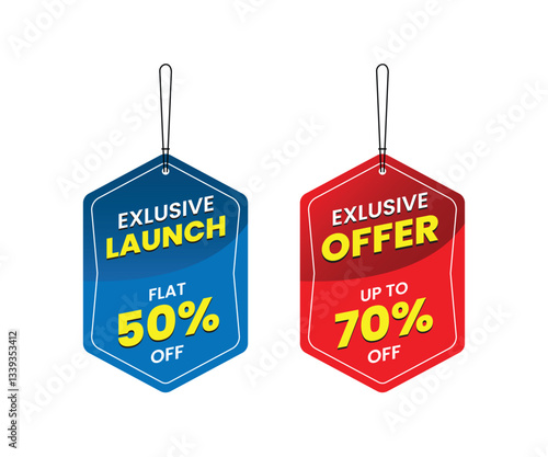 Promotional sale labels best offers sticker bundle, 
Exclusive Launch flat 50% off, Exclusive Offer up to 70% off, Dangler Vector template design, vector illustration. Red, blue and Dangler design.