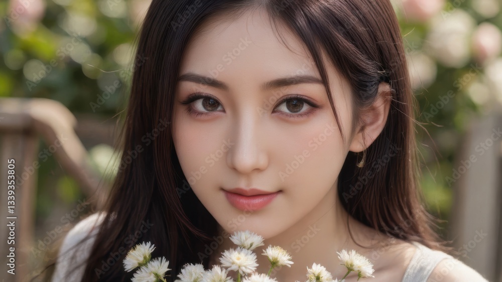 Portrait of Serene Asian Woman Holding White Flowers in Garden, Close-up, Soft Light, Natural Beauty, Spring, Floral, Peaceful, Model, Attractive, Portrait Photography Portrait of Serene Asian Woman Holding White Flowers in Garden, Close-up, Soft Light, Natural Beauty, Spring, Floral, Peaceful, Model, Attractive, Portrait Photography