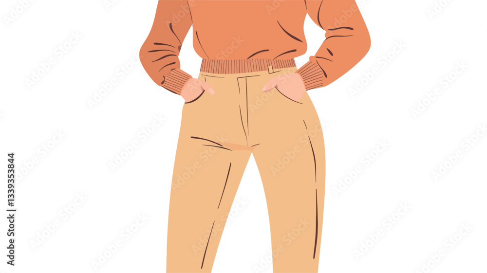 Fototapeta premium A minimalist fashion illustration depicts a full-length view of a woman. She is wearing a long-sleeved, burnt orange crew neck sweater and loose-fitting, high-waisted mustard yellow trousers. The