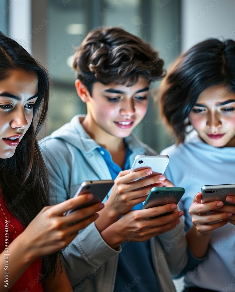 Fototapeta premium Group of Diverse Young Adults Engaging with Smartphones in a Social Setting