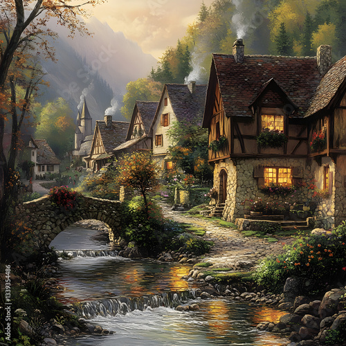 Serene village scene at dusk with quaint houses, a stone bridge, and a flowing river in autumn