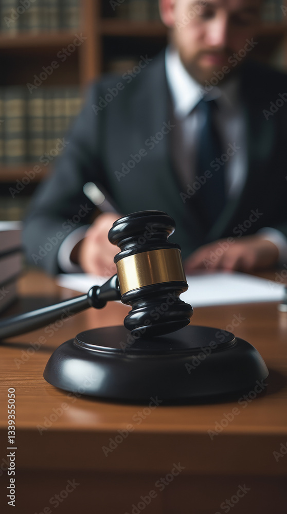 Close-Up of a Glossy Black Gavel Resting on a Stately Wooden Desk in a Law Office Close-Up of a Glossy Black Gavel Resting on a Stately Wooden Desk in a Law Office