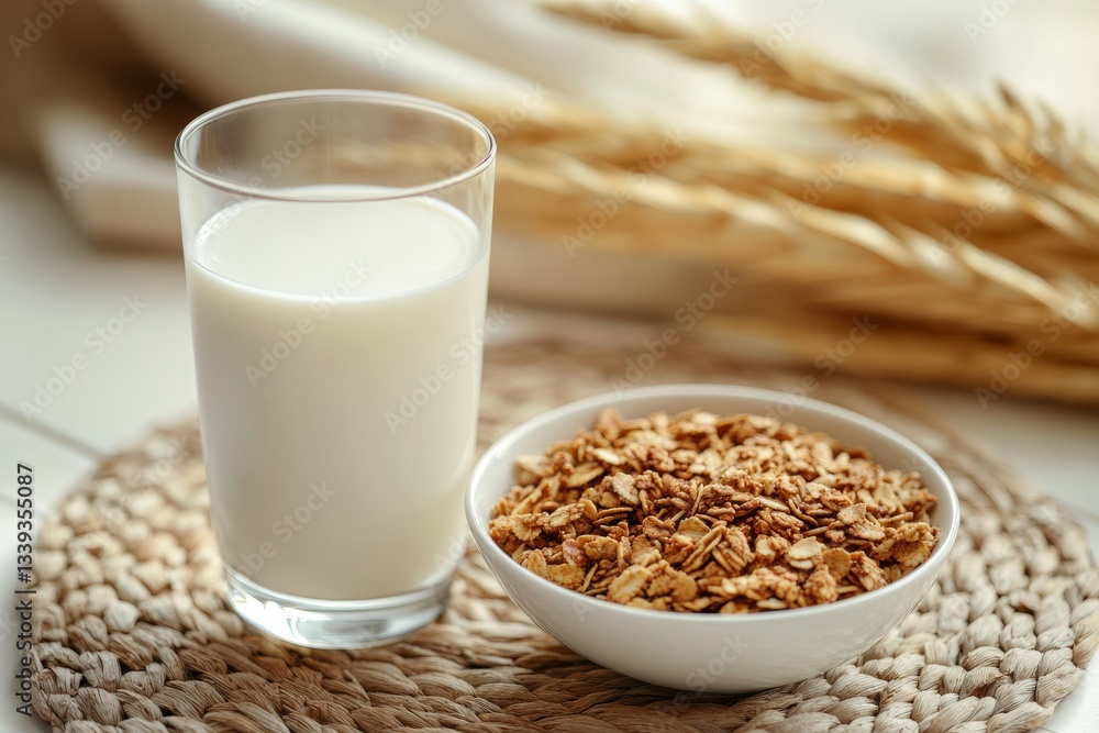 Fresh Milk and Crunchy Granola Ready for Healthy Breakfast Meal Fresh Milk and Crunchy Granola Ready for Healthy Breakfast Meal